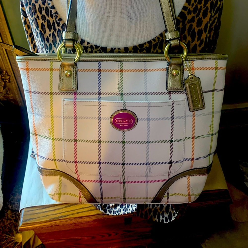 Plaid Coach Tattersall Tote with Gold leather handles